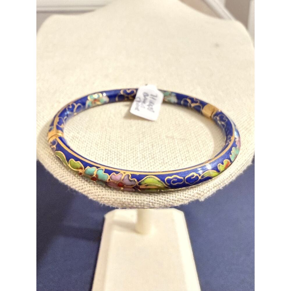 Vintage Blue Cloisonné Hinged Bracelet Enamel Floral Bangle 7.5”